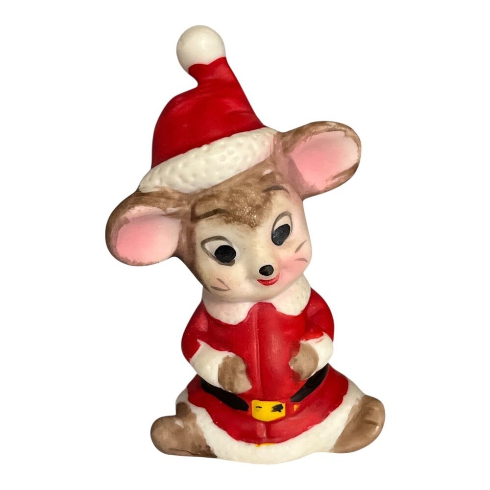 Vintage Ceramic Christmas Mouse Figurine – Santa Suit – 3.5” Tall – Holiday Deco